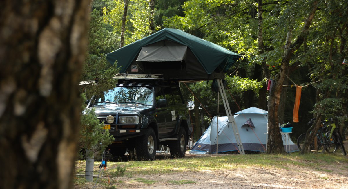 auto met daktent op Landgoedcamping Het Meuleman